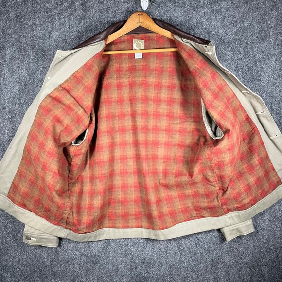 Vintage Marlboro Work Jacket Mens L Khaki Tan Leather Collar Plaid Lined Chore - Picture 2 of 7